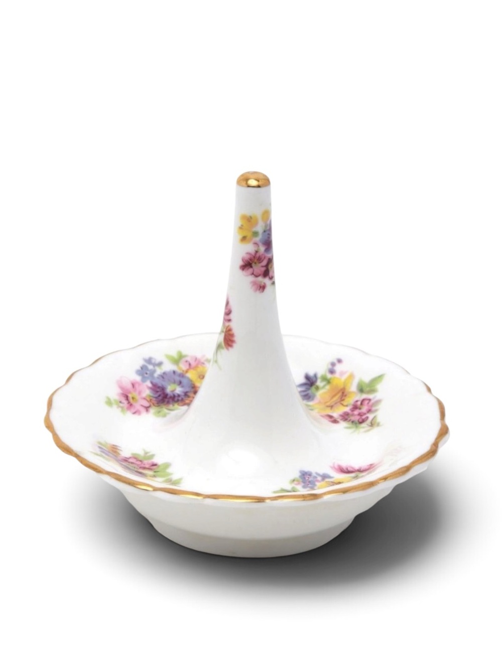 Porcelain Floral Ring Holder Dish with Gold Trim - White